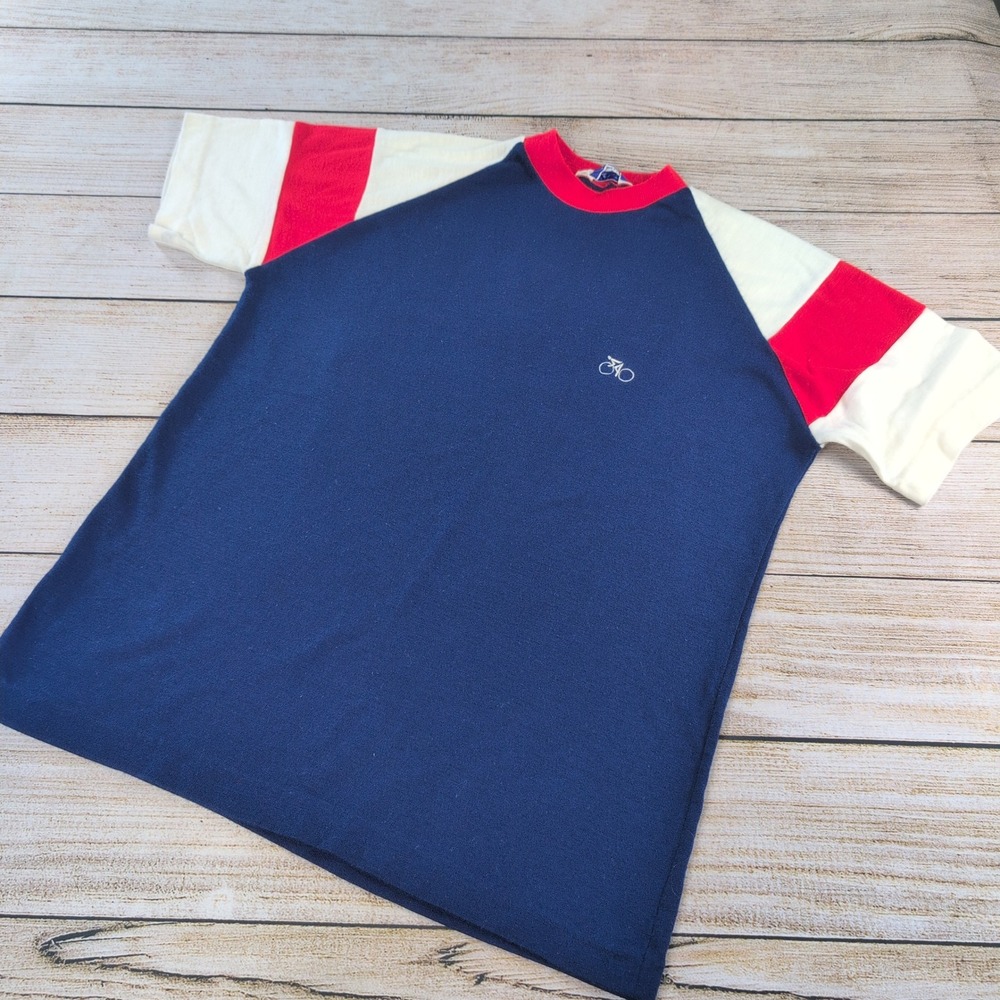 Vintage 70s Catalina Men Raglan T-Shirt Navy Blue Red Cream Bicycle USA Made M